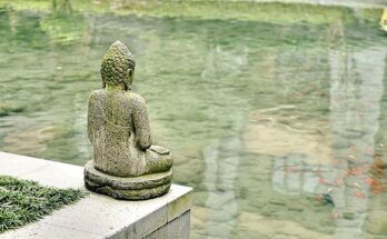 Eine steinerne Buddha-Figur an einem Teich.