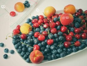 Fruchtfliegen auf einer Schale Obst mit Blaubeeren, Kirschen, Aprikosen