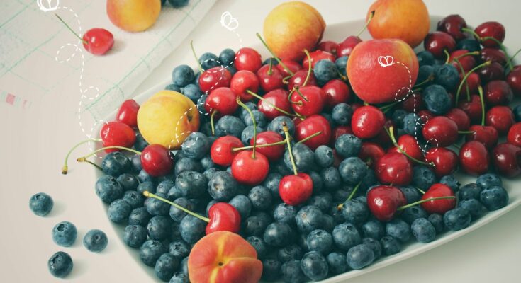 Fruchtfliegen auf einer Schale Obst mit Blaubeeren, Kirschen, Aprikosen