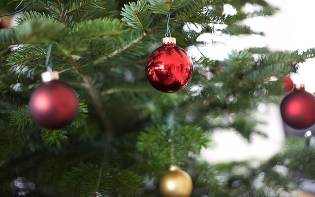 Weihnachtsbaum mit roten und goldenen Kugeln daran.